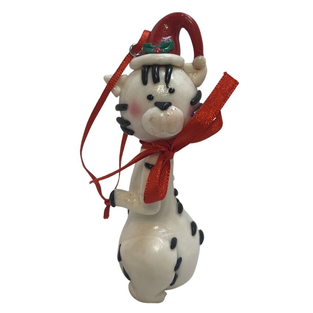 White Tiger Cat‎ Santa Hat Christmas Ornament Red Ribbon